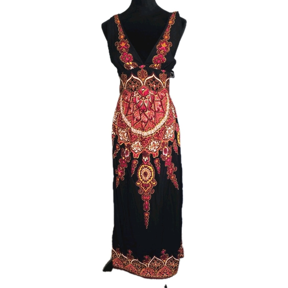 Angie Fairy Boho Maxi Dress Medium Black V-Neck 90s Y2K